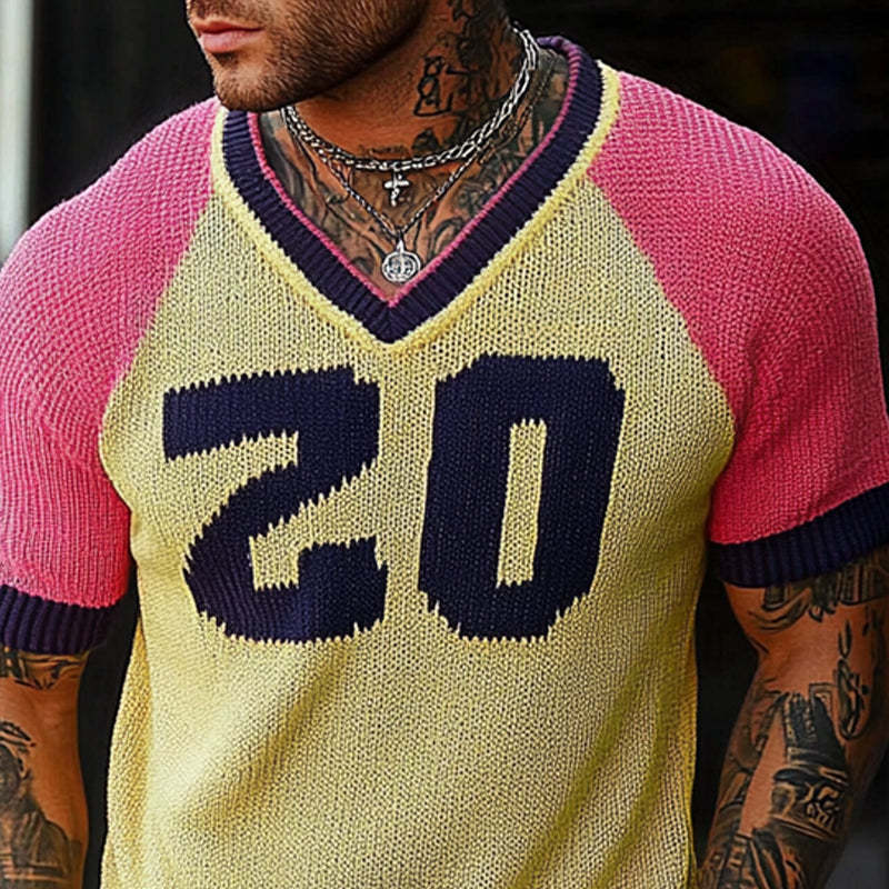 Men's Contrast Letter Jacquard Short Sleeve Knitted T-Shirt