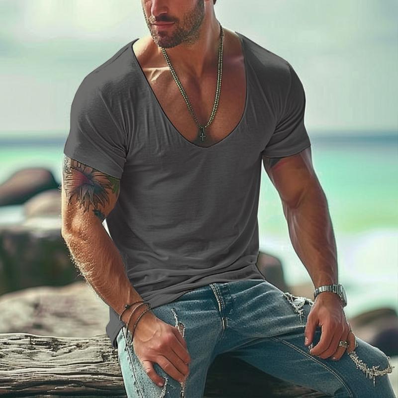 Lässiges Herren-T-Shirt aus Baumwollmischung mit U-Ausschnitt und schmaler Passform und kurzen Ärmeln