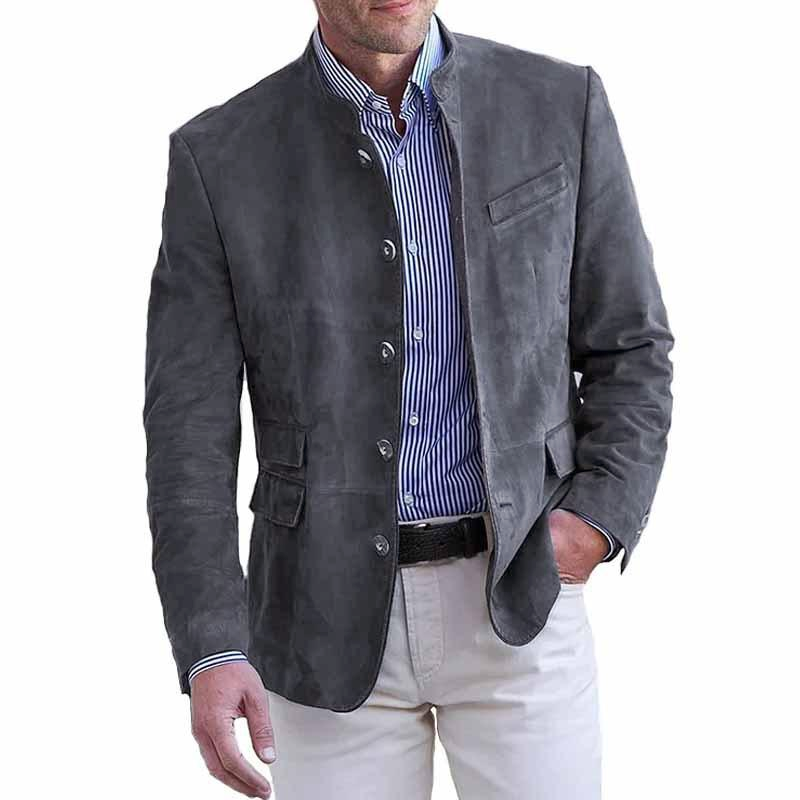 Herren-Blazer im Retro-Stil mit Stehkragen, einreihig, schmaler Passform und mehreren Taschen