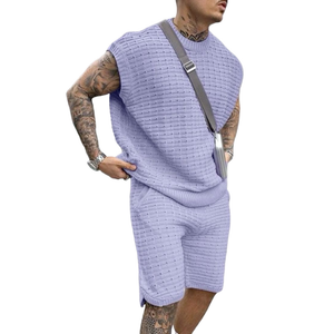 Men's Casual Round Neck Loose Tank Top Elastic Waist Shorts Knitted Set