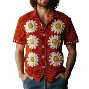 Lässiger Herren-Cardigan mit Revers, einreihig, Gänseblümchen-Stickerei, gestrickt, kurzärmelig