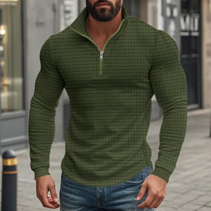 Herren-T-Shirt mit kleinem quadratischem Stehkragen und halbem Reißverschluss und langen Ärmeln