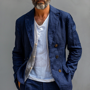 Herren-Blazer aus massiver Baumwolle und Leinen mit Revers, zweireihig, lässig