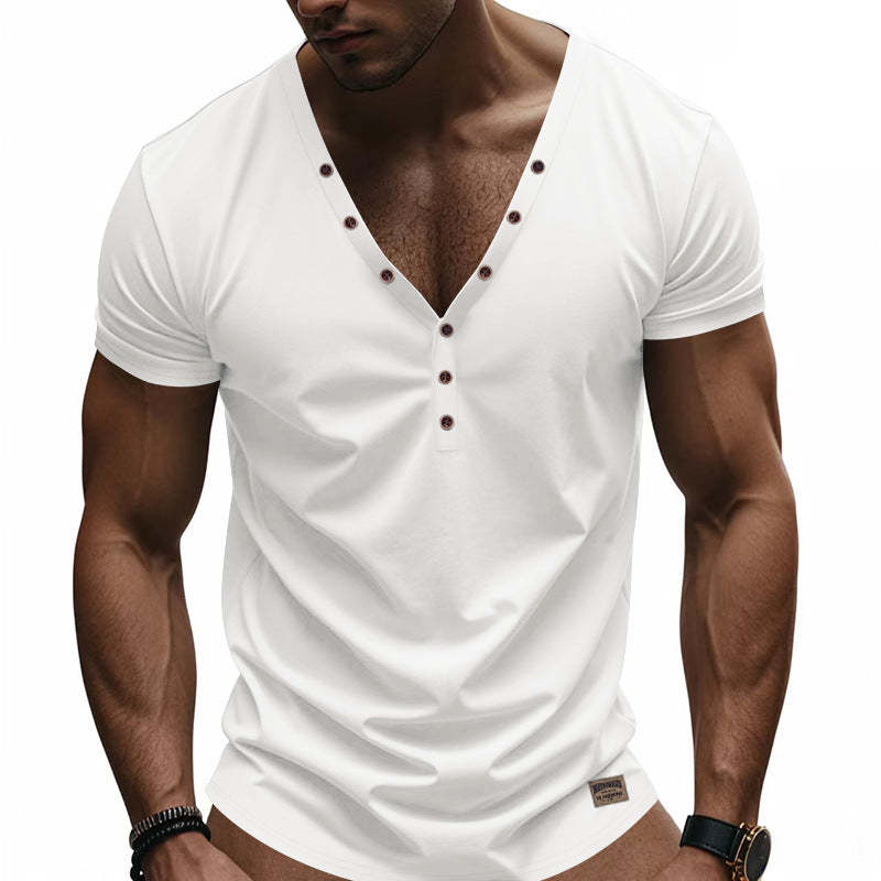 Men's Solid Color Cotton V-Neck Short Sleeve T-Shirt
