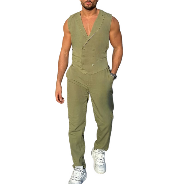 Men's Solid Notch Lapel Double Breasted Vest Trousers Casual Set
