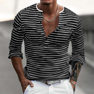 Men's Striped Henley Collar Long Sleeve Casual T-shirt