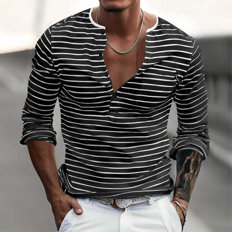 Men's Striped Henley Collar Long Sleeve Casual T-shirt