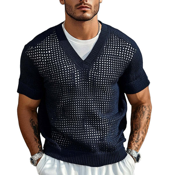 Men's Solid Color Knitted V-Neck Short Sleeve Sweater T-Shirt