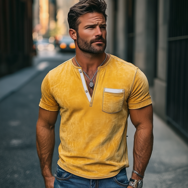 Herrenmode Slim Fit Lässiges T-Shirt mit tiefem V-Ausschnitt aus hellem Wildleder und kurzen Ärmeln