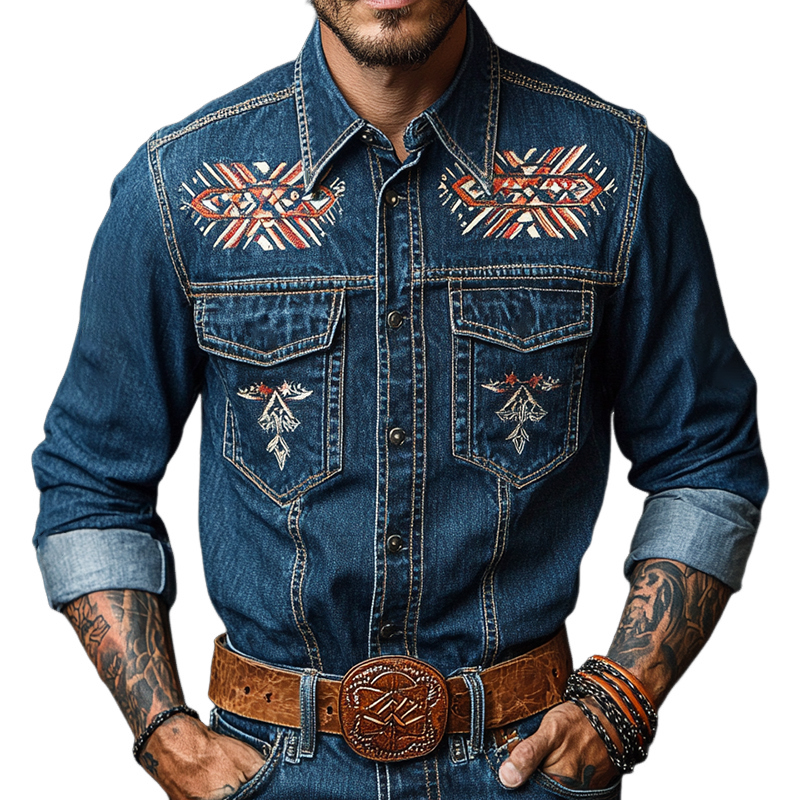 Herren Retro Casual Ethno-Stil Bedrucktes Denim-Revers-Langarmhemd