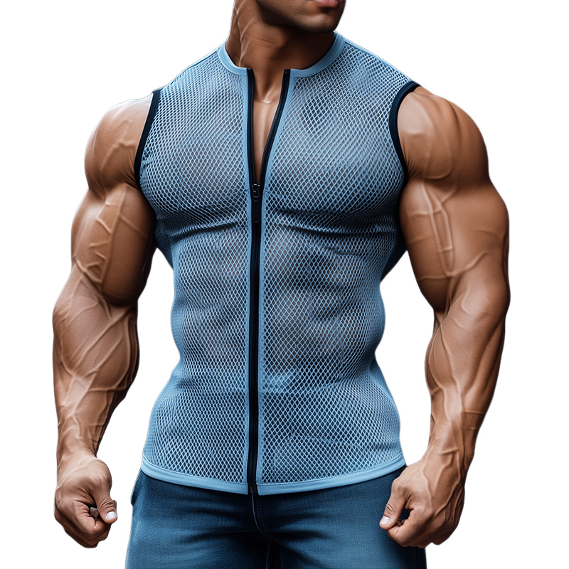 Herren Retro Casual Mesh Stoff Stretch Kragenloser Reißverschluss Sport Tank Top