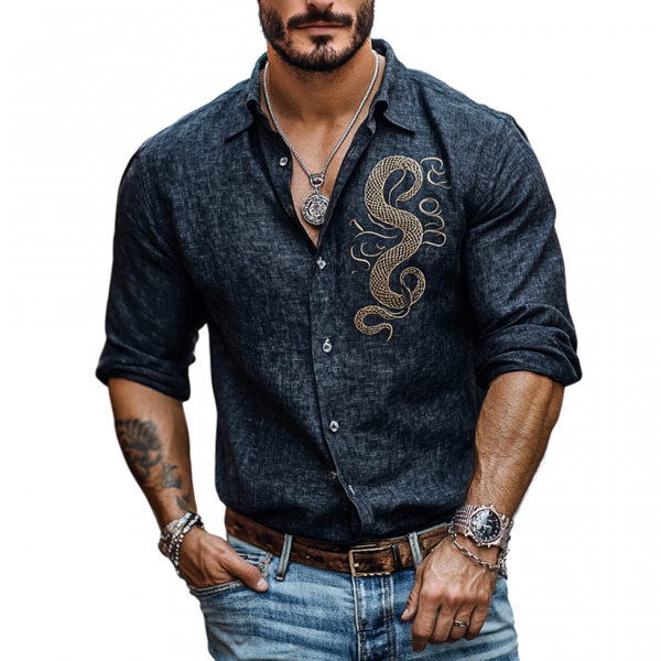 Lässiges Herrenhemd aus Leinen mit Schlangenstickerei und Revers in Slim Fit