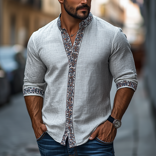 Herren Frühling Klassisches Retro Ethno Bedrucktes Langarmhemd mit Stehkragen