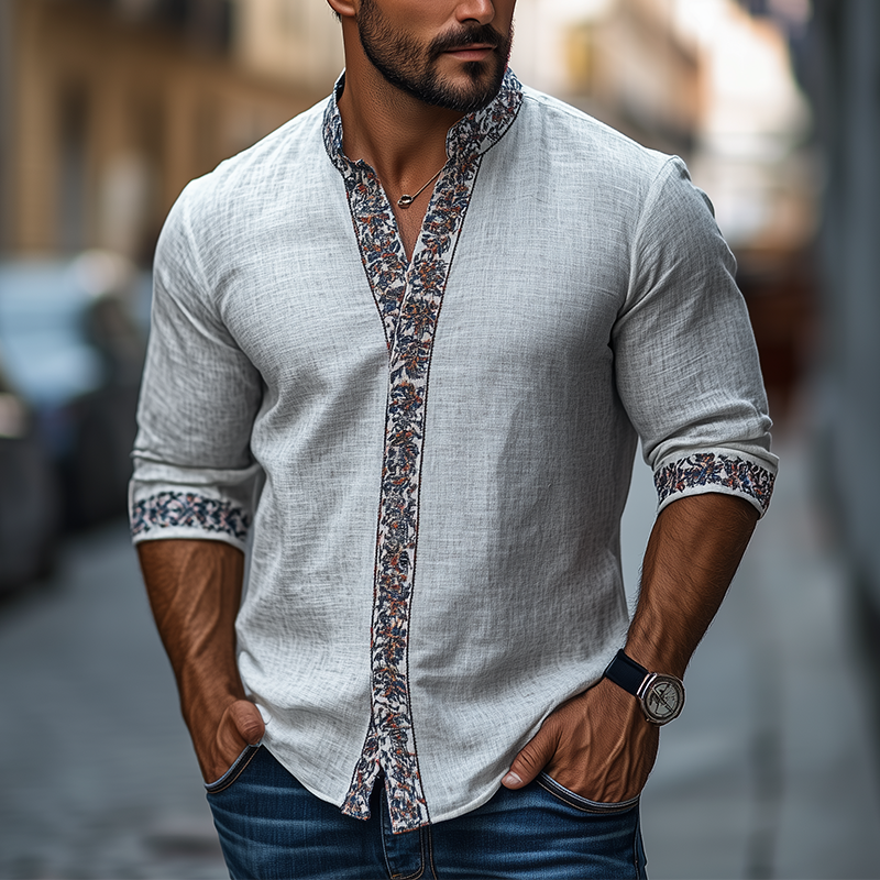 Herren Frühling Klassisches Retro Ethno Bedrucktes Langarmhemd mit Stehkragen