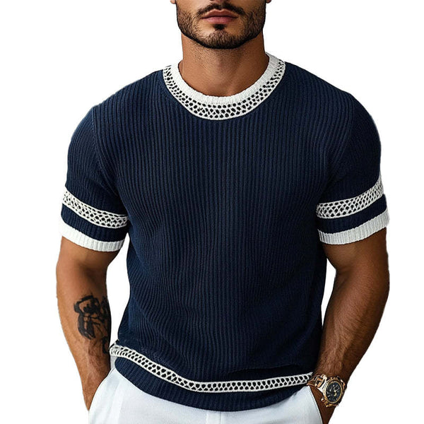 Men's Contrast Web Round Neck Knitted Short Sleeve T-Shirt