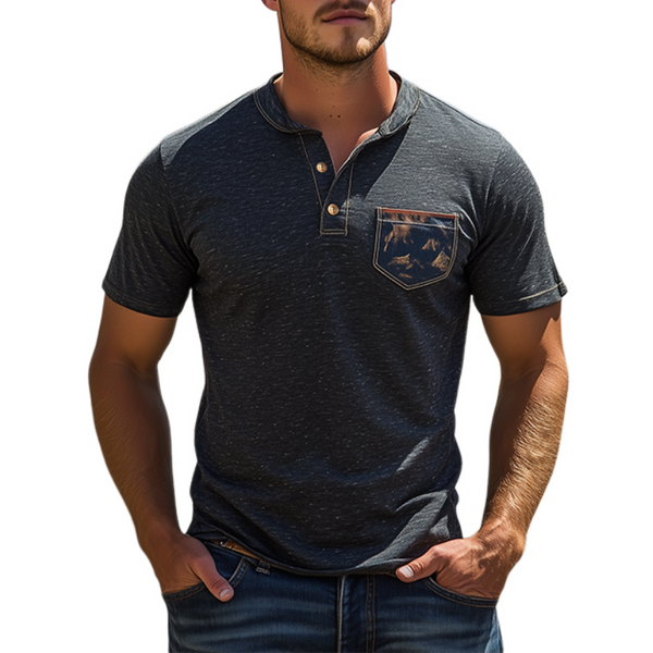 Klassisches Vintage-T-Shirt aus Baumwolle der Yellowstone Park-Serie mit Henley-Kragen für Herren