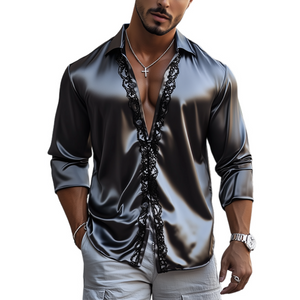Men's Fashion Casual Lace And Satin Stitching Long Sleeve Shirt