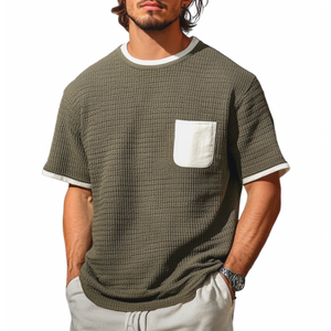 Men's Casual Round Neck Clorblock Patchwork Loose Knitted Short Sleeve Sweater T-Shirt