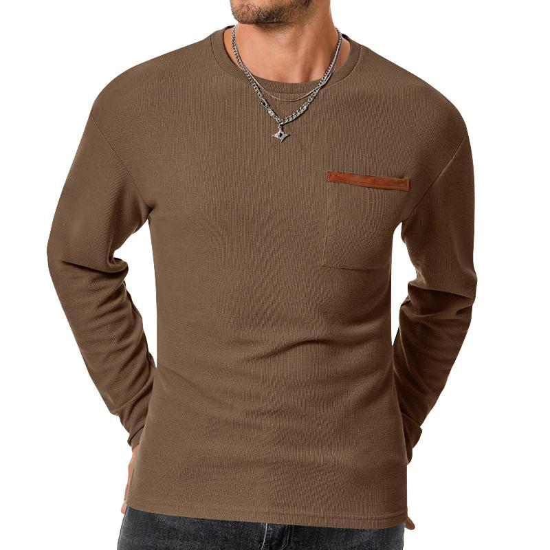 Lässiges Herren-T-Shirt mit Waffelmuster, Rundhalsausschnitt, aufgesetzter Tasche, Slim Fit, Langarm