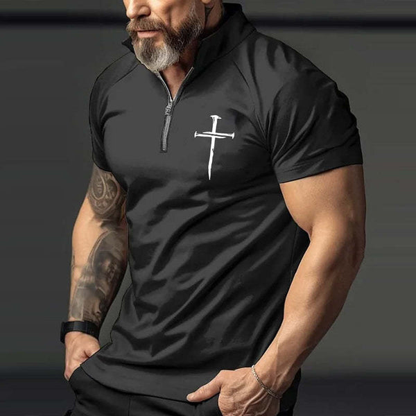 Men's Retro Casual Cross Print Zipper Short Sleeve T-Shirt