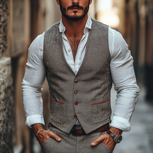 Men's Casual Linen V-neck Single Breasted Patch Pocket Slim Suit Vest