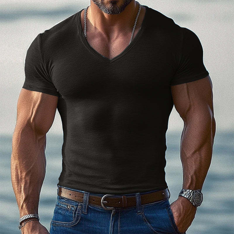 Einfarbiges Kurzarm-T-Shirt mit V-Ausschnitt für Herren