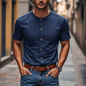 Men's Casual Cotton Round Neck Single Breasted Slim Fit Short Sleeve Shirt
