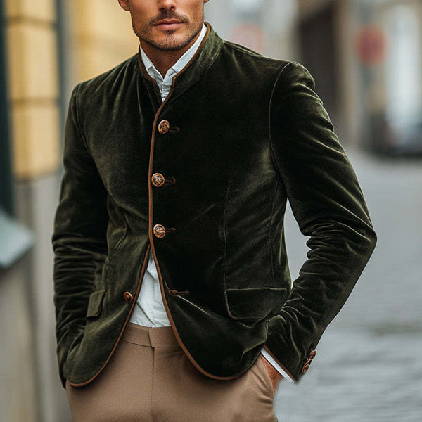 Men's Vintage Green Velvet Stand Collar Slim Jacket