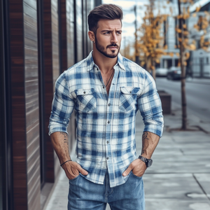 Men's Casual Cotton Plaid Lapel Chest Pocket Slim Fit Long Sleeve Shirt