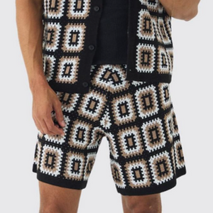 Herren Frühling und Sommer Mode Casual Hollow Gestrickt Kurzarm T-Shirt Shorts Set