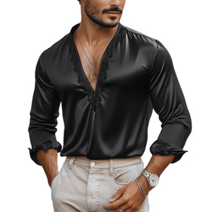 Men's Casual Sexy Lace And Satin Stitching Deep V Neck Long Sleeve Shirt