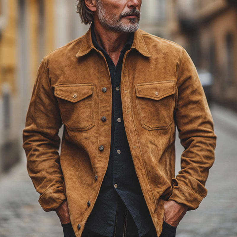 Herren Vintage Khaki Wildleder Langarmhemd