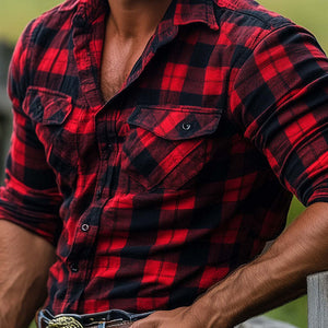 Herren Retro Rot Kariertes Langarmhemd