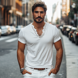 Men's Spring And Summer Fashionable V-neck Lace Stitching Cotton Short-sleeved T-shirt