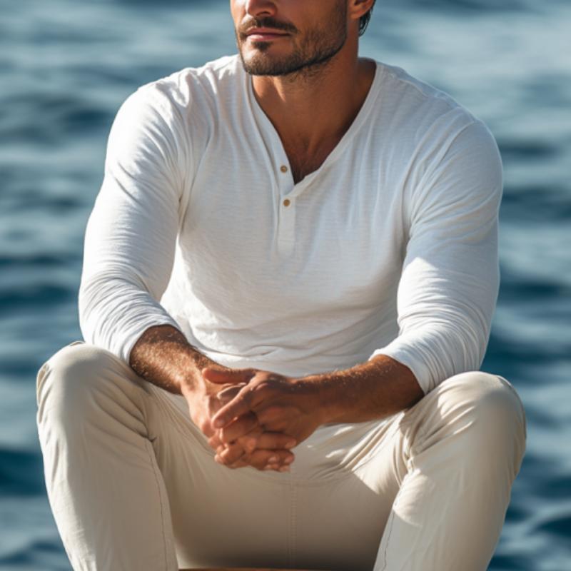 Lässiges Herren-T-Shirt aus Baumwollmischung mit Henley-Ausschnitt und schmaler Passform, langärmlig