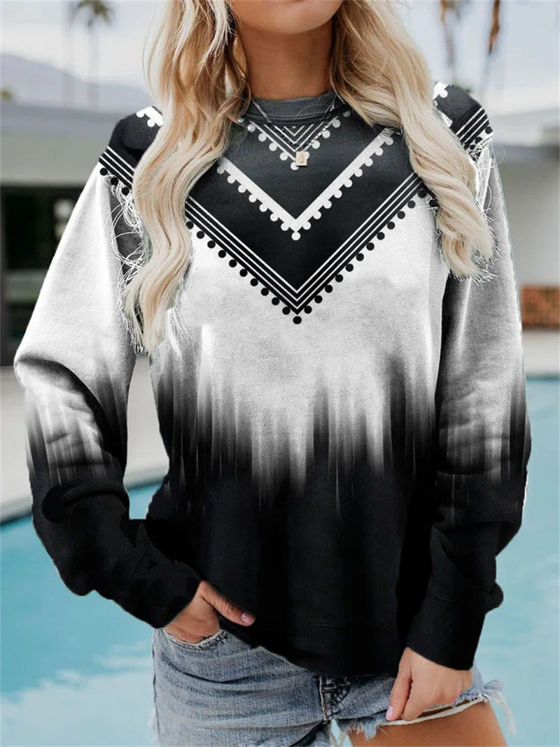 WOMEN'S GEOMETRIC LOOSE PRINTED LONG SLEEVE ROUND NECK HOODIE