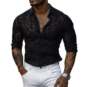 Men's Spring And Summer Fashion Sexy Lace Slim Long Sleeve Shirt