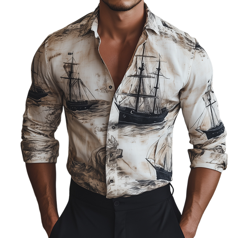 Herren Retro Casual Segelschiff Print Revers Langarmhemd