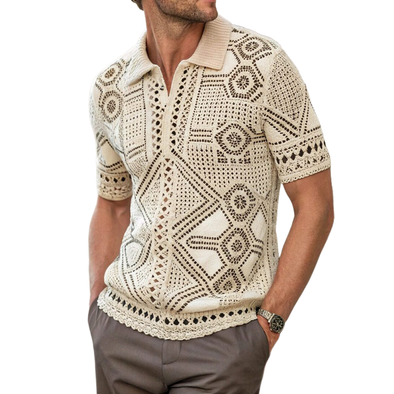 Men's Summer Fashion Casual Vacation Lapel Hollow Knitted Short-sleeved T-shirt