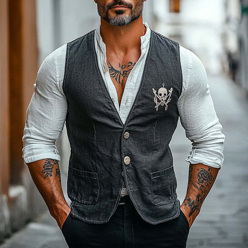 Herren-Weste mit V-Ausschnitt und Vintage-Totenkopf-Print