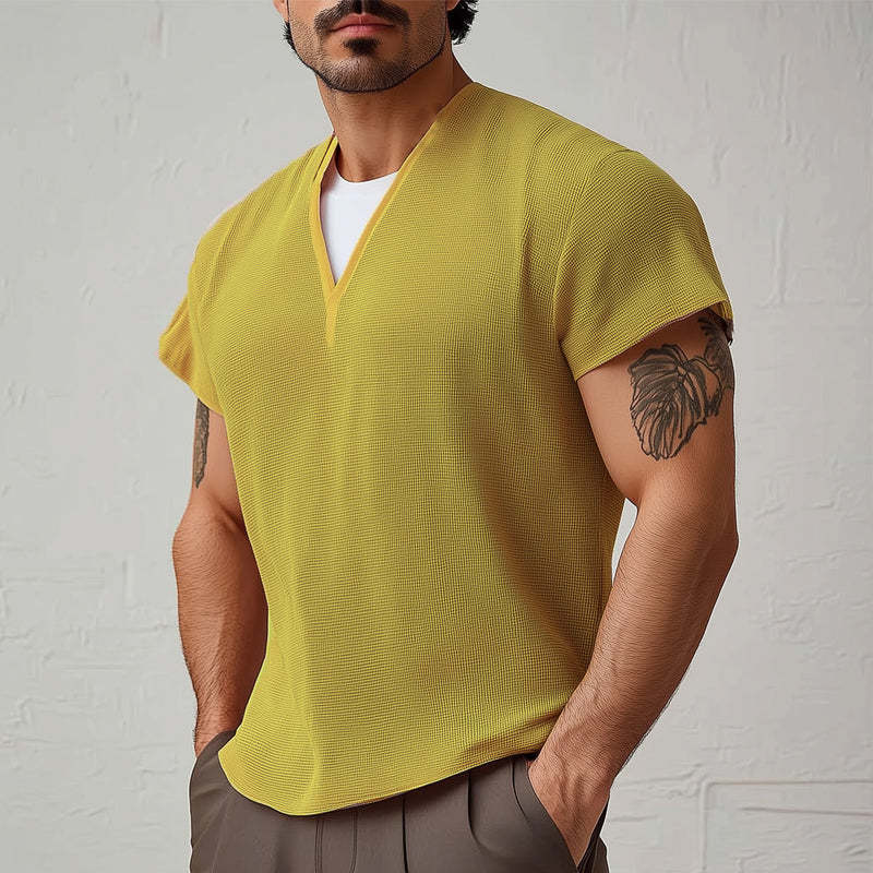 Men's Summer Basic V-neck Textured Short-sleeved T-shirt