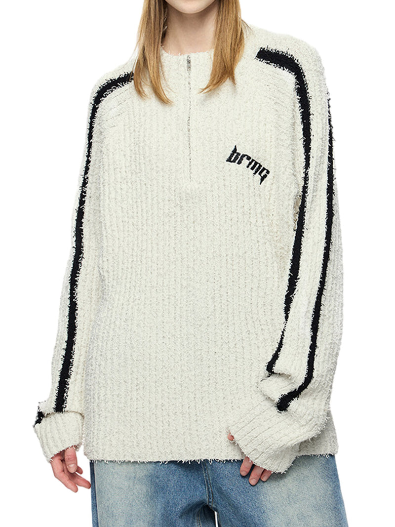 Striped Embroidered Quarter Zip Sweater