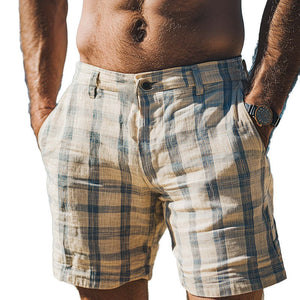 Herren Frühlingsmode Plaid Leinen Casual Sport Shorts