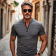 Men's Gray Striped Zipper Collar Slim Fit Short Sleeve T-Shirt