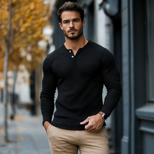 Men's Casual Rib Stripe Henley Collar Slim Fit Long Sleeve T-Shirt