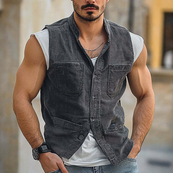 Men's Vintage Corduroy Stand Collar Multi-Pocket Vest