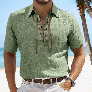 Men's Solid Color Casual Vacation Lace Lapel Short Sleeve Shirt