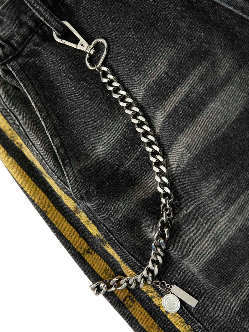 Distressed Striped Side Chain Patchwork Ripped Straight Jeans