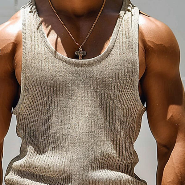 Men's Solid Color Round Neck Striped Textured Tank Top