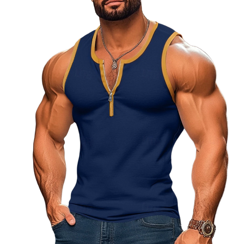 Men's Casual Color Block Cotton Patchwork Zipper Collar Slim Fit Tank Top